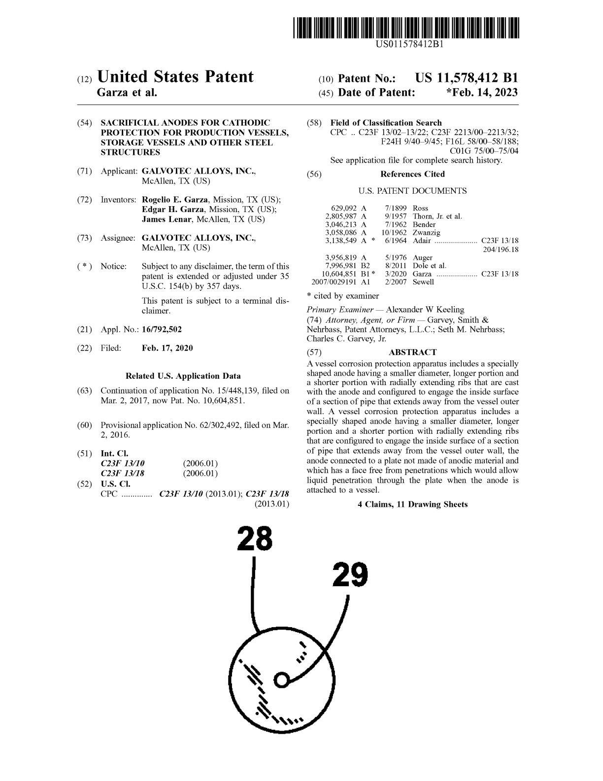 US-11578412-B1 Sacrificial Anodes For Cathodic Protection for Production Vessels, Storage Vessels and Other Steel Structures