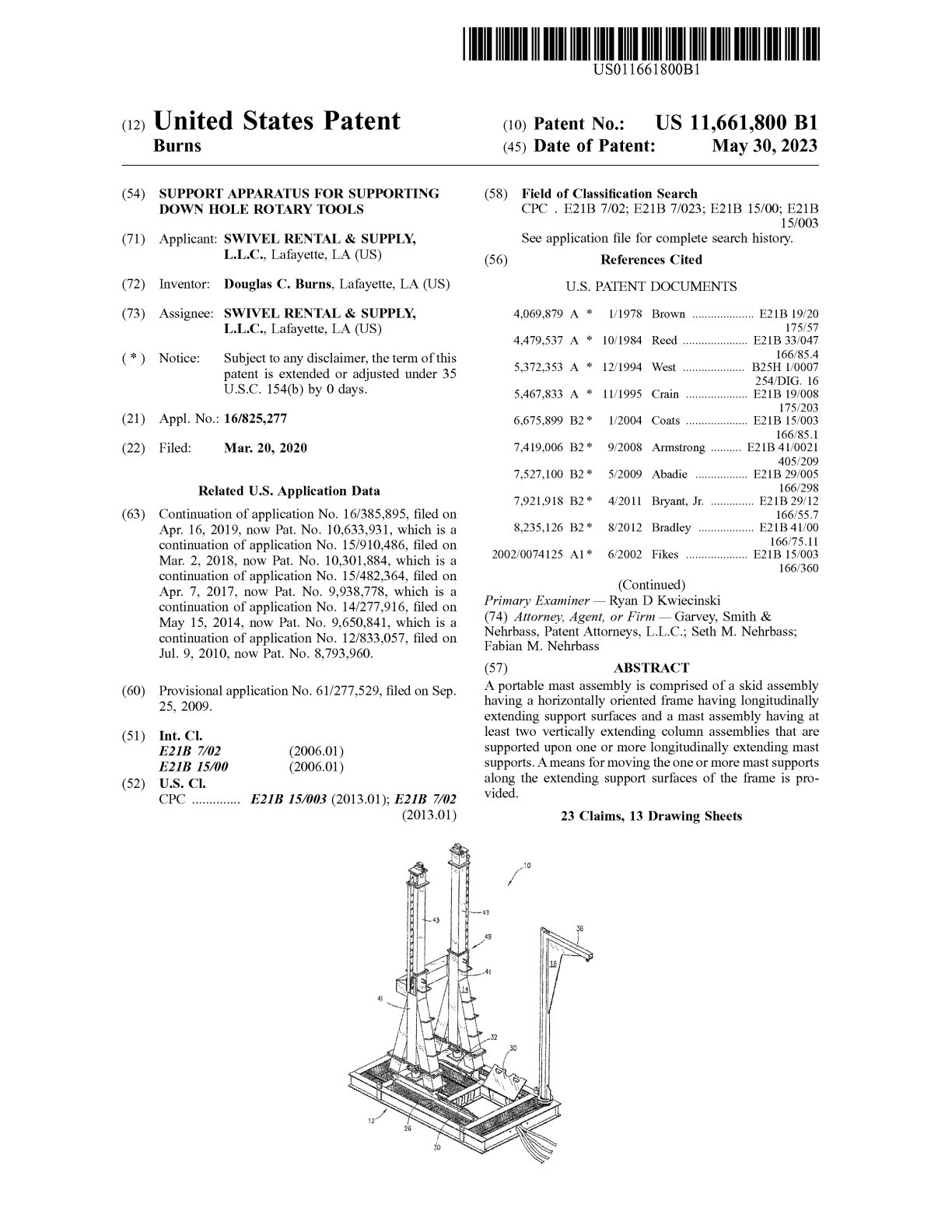 US-11661800-B1 Support Apparatus for Supporting Down Hole Rotary Tools