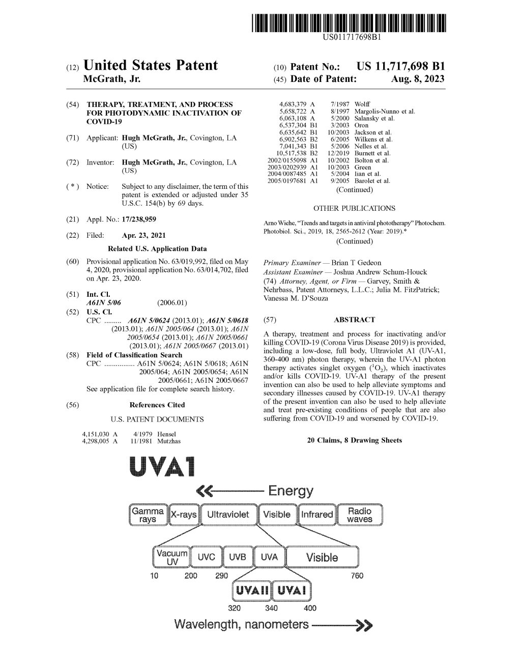 US-11717698-B1 Therapy, Treatment, and Process for Photodynamic Inactivation of COVID-19