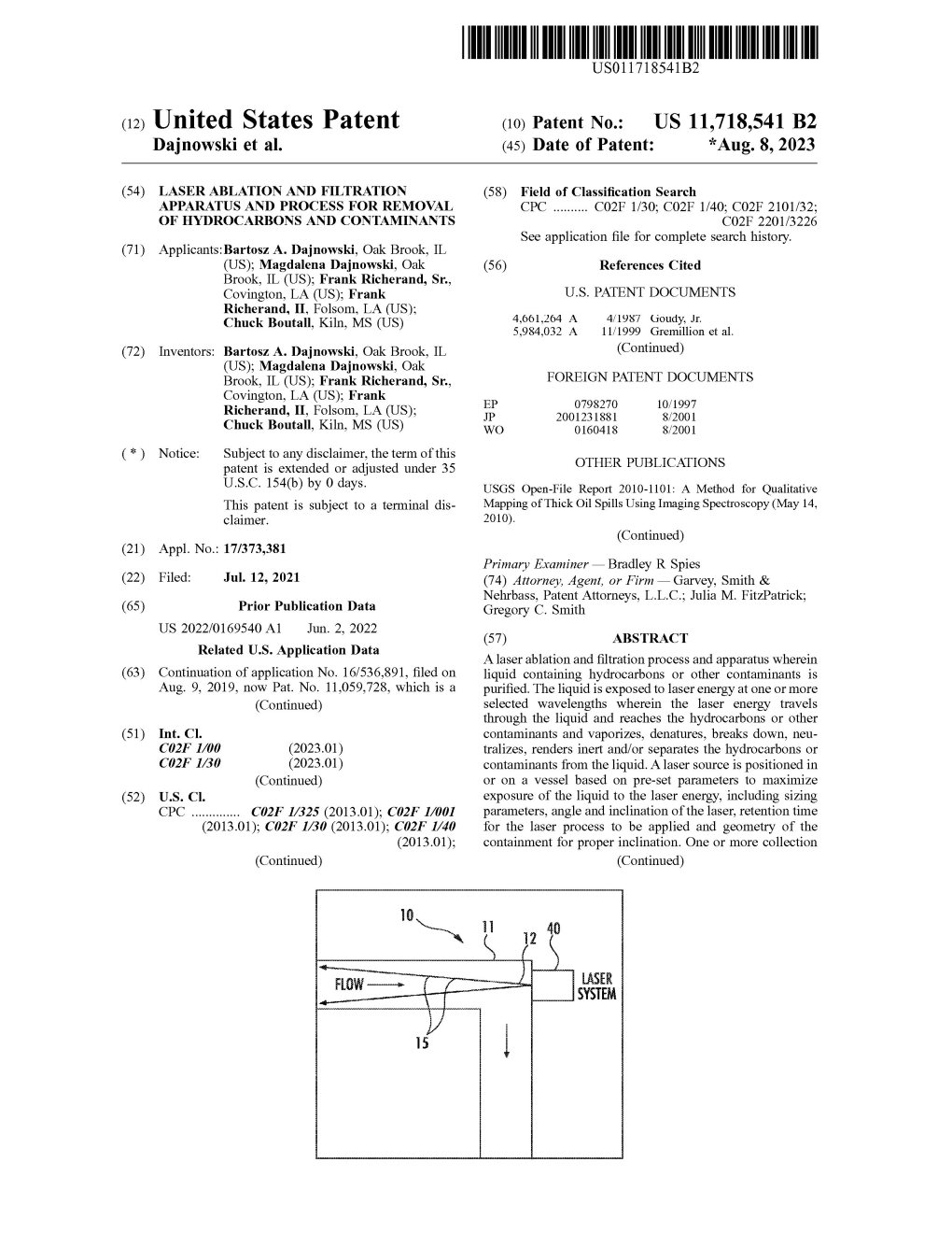 US-11718541-B2 Laser Ablation and Filtration Apparatus and Process for Removal of Hydrocarbons and Contaminants